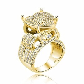 Uloveido Big Love Heart Iced Out Ring Tiny Cubic Zirconia Micro-Pave Bling Cocktail Rings Party Jewelry for Women (Gold, Size 6)