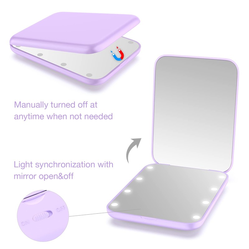WOBSION Small Mirror with Lights,LED Compact Makeup Mirror,1x/3x Mini Travel