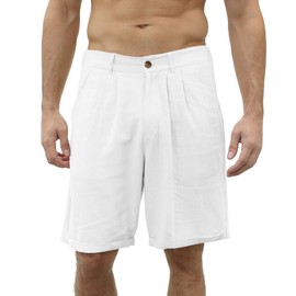 Men's Linen Casual Beach Shorts Cotton Classic Summer Shorts with Buttons Elastic Waist White
