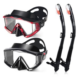 2 Pack Snorkel Mask for Adults - 180° Panoramic View, Anti-Fog Shatterproof PC Lens, Dry Snorkel Set for Diving, Swimming & Travel (Black+Red)