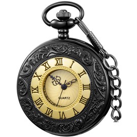 Tiong Men's Unique Black and Gold Color Quartz Pocket Watch Roman Numerals Scale Pocket Watches with Chain for Men Women