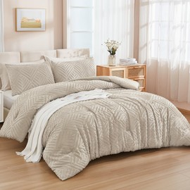 Andency Oatmeal King Size Comforter Set, 3 Pieces Boho Bedding Set & Collections, Farmhouse Tufted Fluffy Bedding Comforter Sets for All Seasons (1 Comforter 104x90In, 2 Pillowcases)