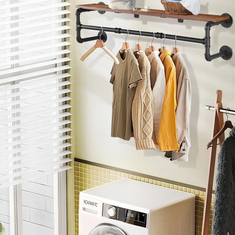 Yawinhe Industrial Pipe Clothes Rack with Top Shelf, Wall Mounted