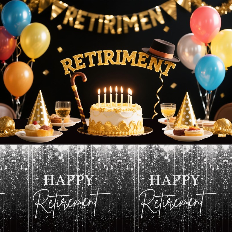 FVABO Retirement Party Decorations Tablecloth, 3Pcs Disposable Silver and Black