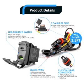 Wsays Dual USB Tpye C Rocker Plug & Play Switch Charger/Outlet 12v PD & QC 3.0 with LED Voltmeter Display Compatible with Polaris RZR Ranger General