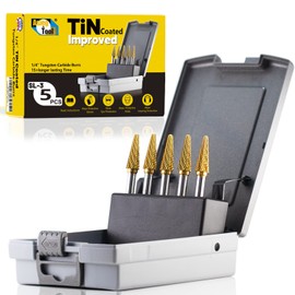 SL-3 5pcs Tungsten Carbide Burr TiN Rotary File Taper Shape with Radius End Double Cut with 1/4"Shank for Die Grinder Drill Bit