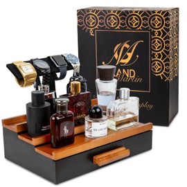 Wooden Cologne Organizer for Men - 3-Tier Cologne Shelf for Men with Attachable Watch Display Holder & Fleece-Lined Storage Drawer - Wood Non-Slip Perfume Fragrance Stand with Hidden Compartment