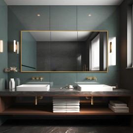 NeuType Full Length Mirror Hanging or Leaning Against Wall, Large Rectangle Bedroom Mirror Floor Mirror Dressing Mirror Wall-Mounted Mirror, Thin Frame,Gold,59"x35",No Stand