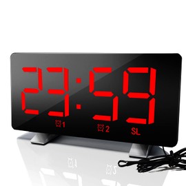 ThreeH Radio-Digitaluhr mit USB-Telefonladegerät 7,3'' LED Curved-Screen-Display mit Dimmer 2 Weckereinstellung Funkuhr für Schlafzimmer Rot