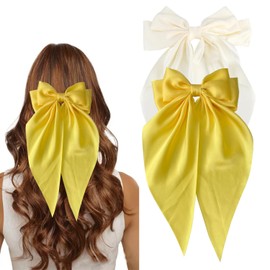 SALOCY Hair Bows for Women Yellow Hair Bow Satin Hair Bow Hair Clips Big Bows Long Tail Hair Ribbon Coquette Bows Yellow Bows Beige Bows Hair Accessories for Women Girls