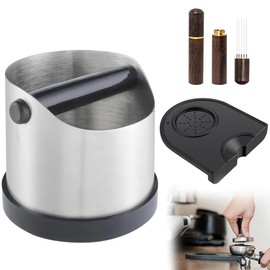 Lotvic Coffee Knock Box, 700ML Stainless Steel Coffee Grounds Knock Box with Tamping Mat and Espresso Distribution Tool, Non-Slip and Shock-Absorbent Coffee Knock Box with Removable Bar (3 Pcs)
