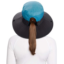 Rosoz Ponytail Sun Bucket Hats for Women UV Protection Foldable Mesh Wide Brim Hiking Beach Fishing Summer Safari