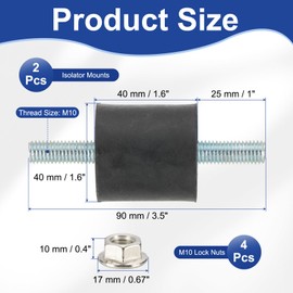 PATIKIL M10 40x40mm Rubber Isolator Mounts, 2 Pcs Rubber Studs Shock Absorber Anti-Vibration Isolation Damping Mounts with Lock Nuts for Motor, Air Compressor, Engines (90mm Height)