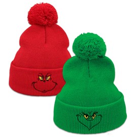 Ohjijinn 2Pcs Christmas Beanie Knitted Hats, Xmas Green Hat Slouchy Warm Cap, Winter Soft Headwear Funny Christmas Hat for Men Women Unisex