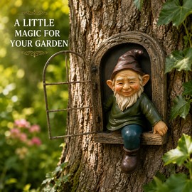 Tree Gnome Decoration for Garden Décor – Whimsical Window Elf Accent for Trees, Yards, Patios & Outdoor Spaces