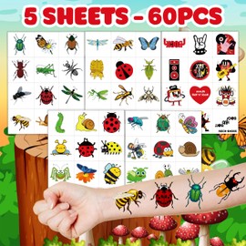 60PCS Cute Bug Temporary Tattoos Stickers for Kids – Birthday Party Decorations, Supplies, Favors with Butterflies, Beetles, Ants, Bees, and Spiders – Educational and Fun Party Favors for Boys Girls