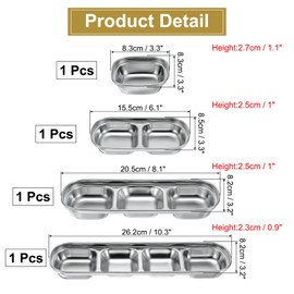 uxcell 4 Pack Stainless Steel Dish Dipping Bowls with Rectangular Compartment Divided, Metal Seasoning Plate Dipping Bowl for Condiment Home Party Restaurant Picnic Travel, Silver