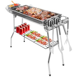 KOCASO Foldable Barbecue Charcoal BBQ Grill, Folding BBQ Grill, Portable Stainless Steel Barbeque Grill For Picnic Camping Backyard Cooking, Foldable Grill Table with Non-Stick Frying Pan, Silver