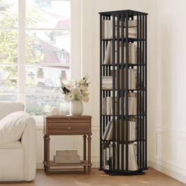 YOWOS Rotating Bookshelf Tower, 360 Display Spinning Bookcase, Bamboo Bookshelf Floor Standing Storage Rack, Wood Narrow Book Shelf Organizer for Kids&Adults (Black)