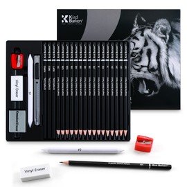 Kird Barken 24PCS Professional Sketch Pencil Set – 5H to 14B Pencils, Charcoal Pencils, Art Supplies Kit with Erasers, Sharpener, Knife – Ideal Gift for Artists, Students, Kids, Beginners