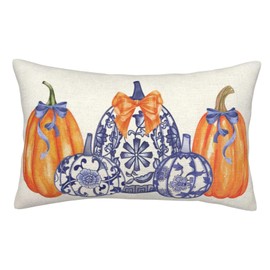 Yxuiyal Fall Pillow Covers 12x20 Set of 2 Orange Blue Chinoiserie Pumpkin Throw Pillow Covers Outdoor Decoration Autumn Decor Pumpkin Pillowcase Farmhouse Decorative Linen Cushion Case for Home Sofa