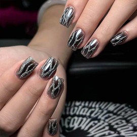 RUOKEXIN Medium Press on Nails Square Fake Nails Black Ombre False Nails with Silver Glitter Designs Sparkly Artificial Nails Full Cover Glue on Nails Cute Stick on Nails for Women 24Pcs