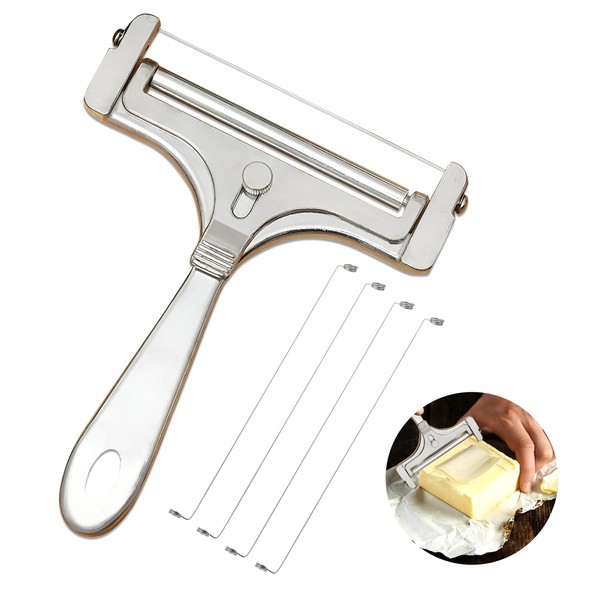ZSMJAER Robust cheese cutter with roller, 4 replacement wires for cheese rotary cutter, variable cutting thickness, stainless steel/aluminium, perfect for soft to medium hard cheese