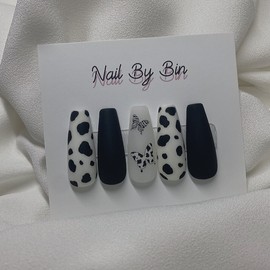 [Handmade Nail Tips] Matte Black Cow Nails - Short Oval / [수제네일팁] 매트블랙카우 네일 - 숏오벌