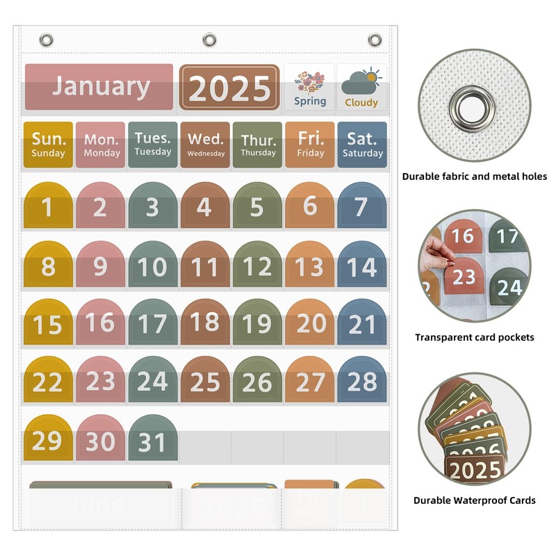 REGELETO Large White Calendar Pocket Chart with Boho 96 Cards
