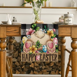 Artoid Mode Buffalo Plaid Bunny Egg Flowers Happy Easter Table Runner, Seasonal Spring Kitchen Dining Table Decor for Home Party Decor 13x72 Inch
