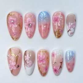 LBPEPAMZ 30Pcs Pink Almond Press On Nails with 3D Pearl Rhinestones, ABS Acrylic Material, Full Cover Nail, Modern Style, Multicolor Pattern, Glossy Finish, 1 Set of 30 Pieces