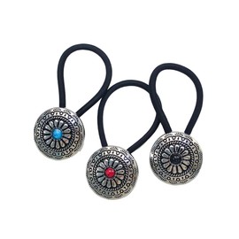 Concho Western Turquoise Squash Blossom Hairband and Tie Concho Metal Ponytail Holder Metal Hair Ties. (3 Pcs-Set) (typeC)