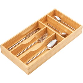 Umilife Bamboo Kitchen Drawer Organizer, 8 Inch Silverware Utensils Tray Holder for Small Drawer, Wood Caddy for Flatware Cutlery Knives