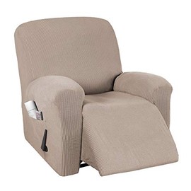 Stretch Recliner Chair Cover Recliner Slipcover 1 Piece Furniture Protector with Elastic Bottom Chair Slipcover with Side Pocket Thick Soft Small Checked Jacquard Chair Cover, Sand