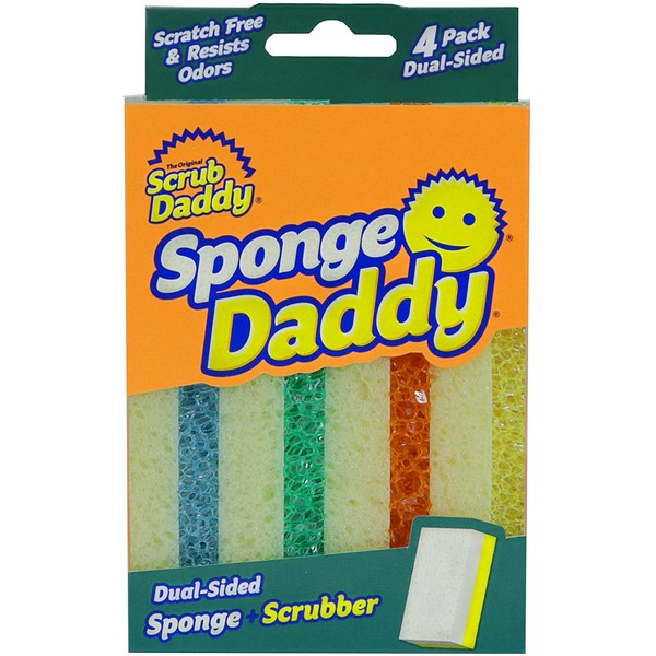 Scrub Daddy Sponge Daddy - Dual Sided Sponge & Scrubber, Traditional Shape, FlexTexture, Soft in Warm Water, Firm in Cold, Deep Cleaning, Dishwasher Safe, Multi-use, Scratch Free, Odor Resistant, 4ct