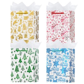OFIHANLY 4 Pack 9" Small Size Christmas Gift Bags with Handles for Xmas Holiday Presents Gold&Green&Red&Blue Cute Paper Wrapping Bag with Tissue Paper for Kids