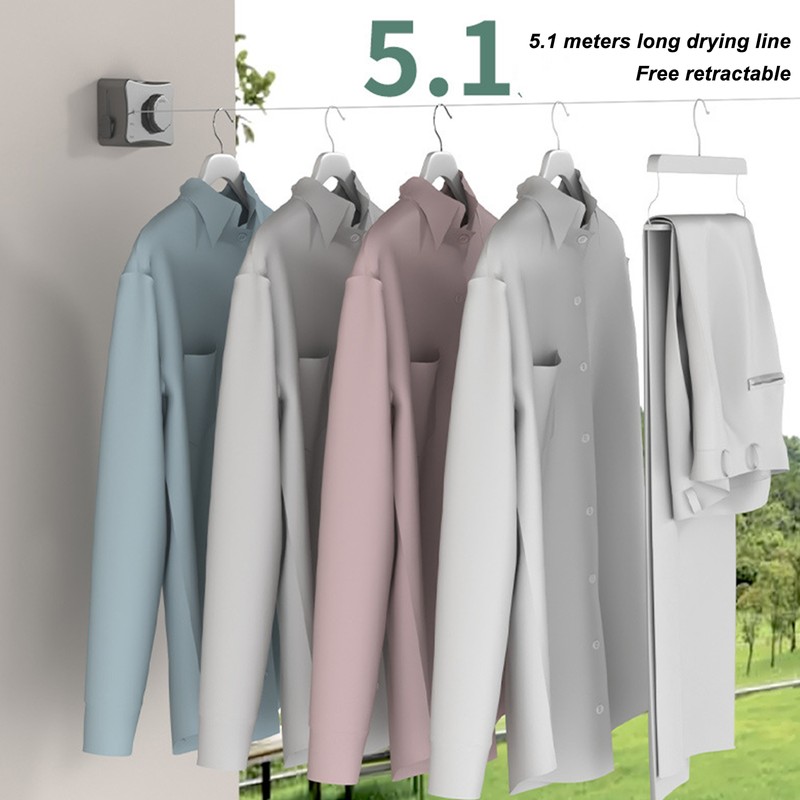 Retractable Clothesline Grey 16.7ft 44.1lb Wall Mount Drill Free Stainless