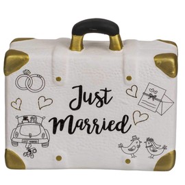 ootb Savings Box, Suitcase, just Married, Ceramic, White & Gold, Dimensions: 14 x 13 x 5 cm