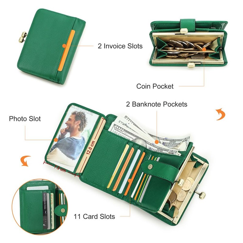 Full Grain Leather Kiss Lock Wallet for Women Contact's Small
