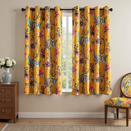 MYSKY HOME Floral Blackout Curtains 63 Inch Long Bedroom Black Out Thermal Insulated Noise Reducing Drapes Flower Printed Cottagecore Style Grommet Window Treatment Living Room Kitchen, Pack-2, Yellow