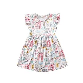 Toddler Girl Dress Back to School Pencil School Bus Print Dress Summer Outfits 5-6T