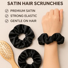 Satin Scrunchies for Women – Pack of 3 Black Hair Scrunchies, Stretchable up to 20cm – Soft Hair Ties for Thick or Thin Hair – Gentle, No-Damage Hair Accessories for Girls & Women