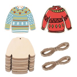 Grevosea 20 Pcs Wooden Christmas Ornaments, Unfinished Wood Sweater Pieces with Twines Paintable Blank Wooden Ornaments for Crafts Christmas Tree Wedding Birthday Party Decorations