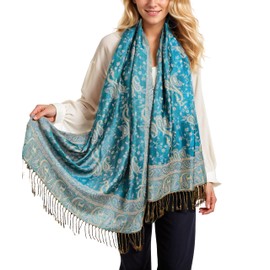 Achillea Soft Silky Reversible Paisley Pashmina Shawl Wrap Scarf w/Fringes (Teal 2)