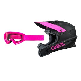 O'Neal 1 SRS Solid Offroad Womens Motocross Helmet with Goggle Combo (Black/Pink, Small)