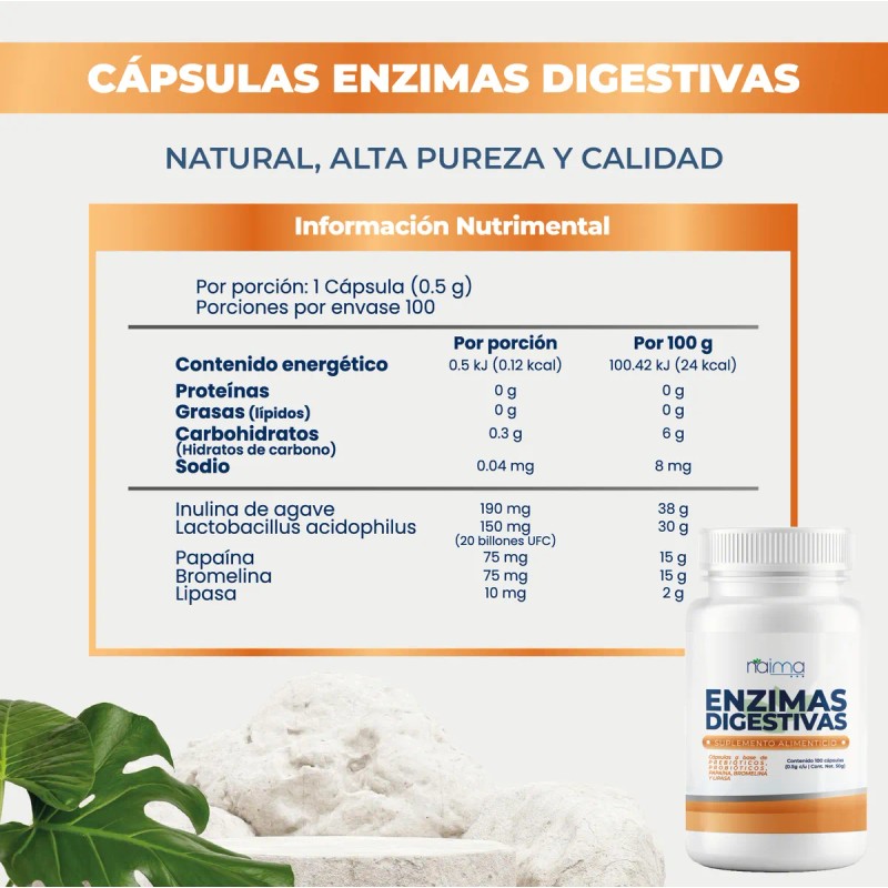 Enzimas Digestivas 500mg - 100 Cápsulas Por Frasco