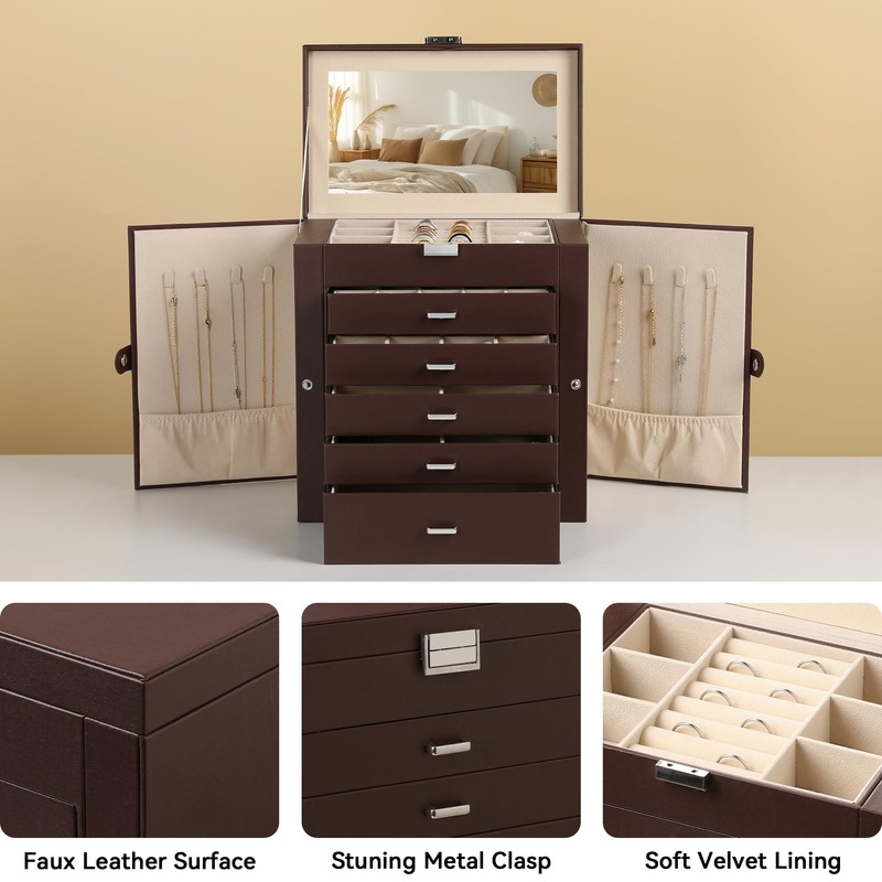 Frebeauty Large Jewelry Box,6-Tier PU Leather Jewelry Organizer,Multi-functional Storage Case
