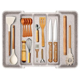 ICHROSAYA Utensil Organizer for Kitchen Drawers, Expandable Silverware Organizer, Adjustable Cutlery Cooking Utensil Tray for Forks, Knives, Plastic Spatula Tools and Gadgets Storage Divider (Gray)