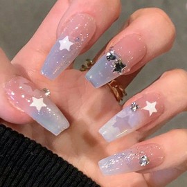 24 Pcs Press on Nails Glitter Star Patch 3D Design Medium Square Fake Nails with Kits Acrylic Full Cover Nails Decoration for Women Girls 5027