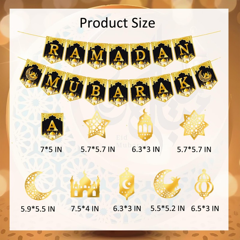 DWEARTY Ramadan Mubarak Banner and 8 Ramadan Hanging Swirl Decorations